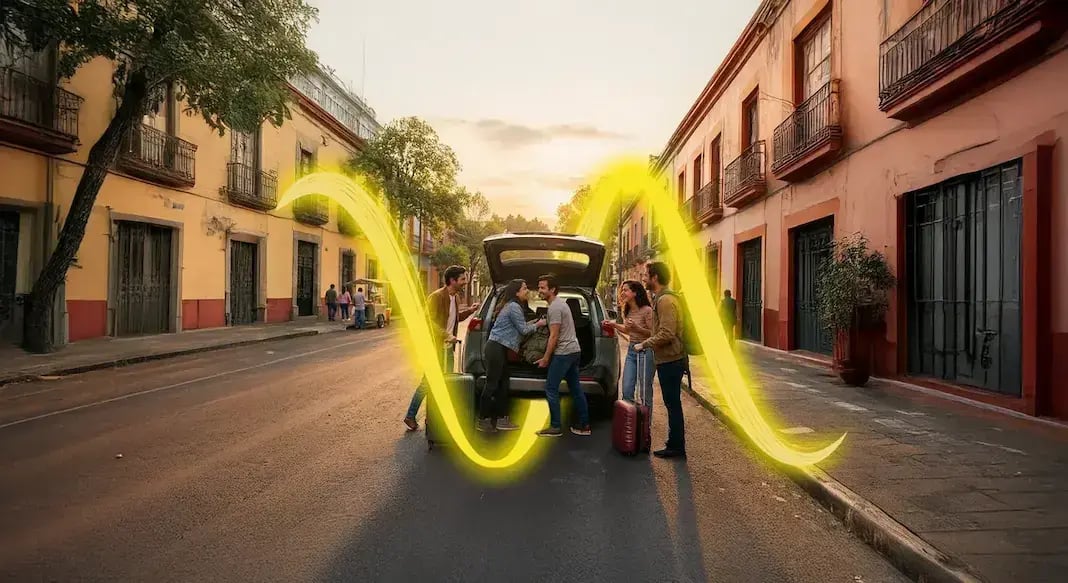 Amigos en auto pueblo