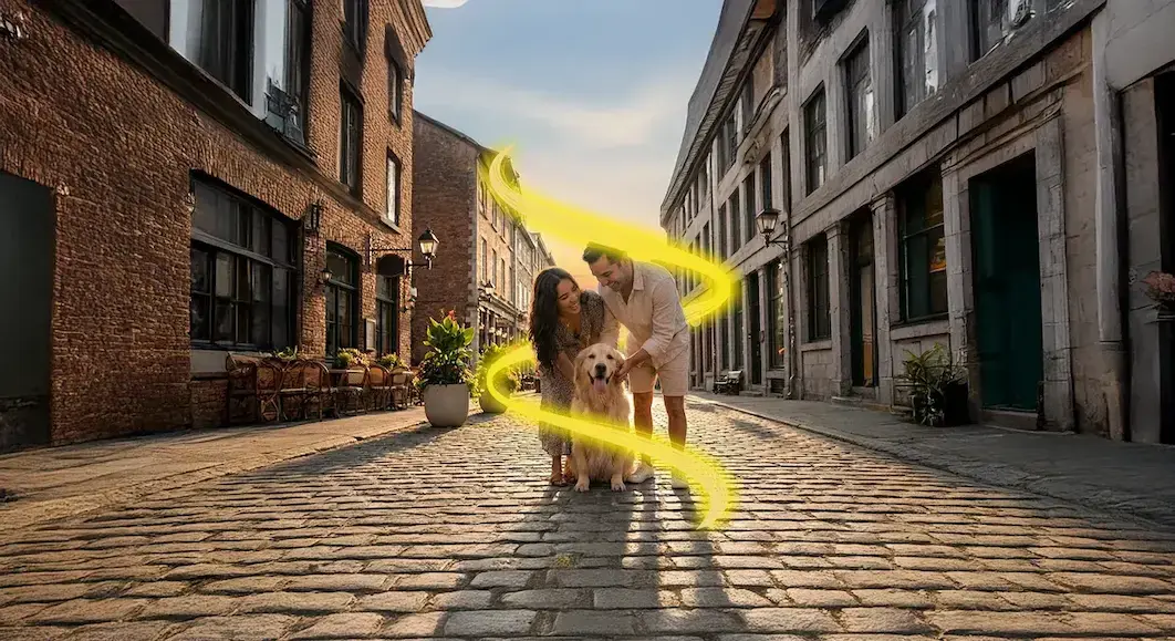 Pareja con perro en pueblo